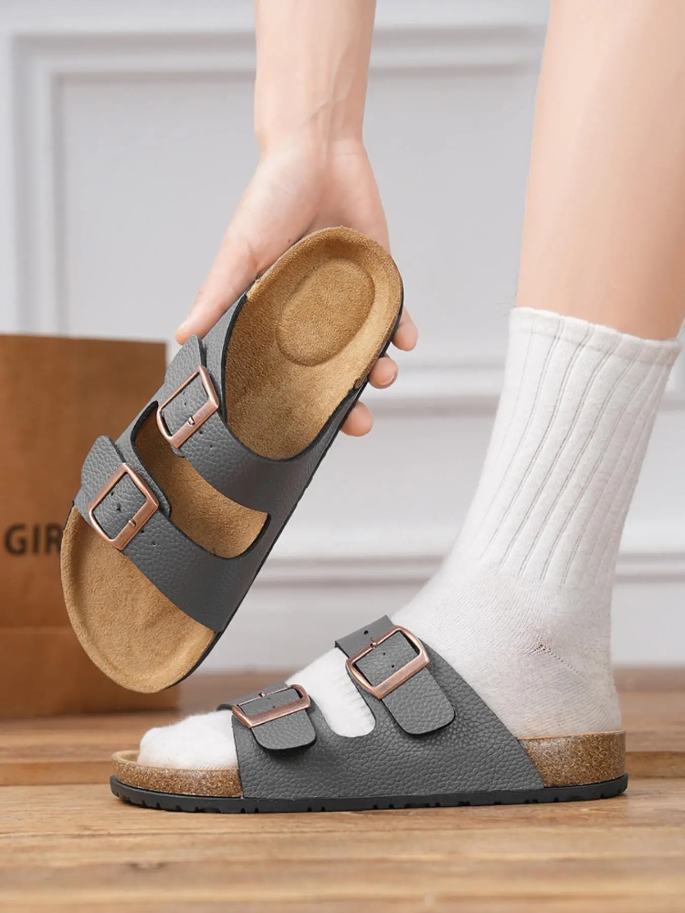 Unisex Non-Slip Slip-On Casual Sandals, Leather Texture Design with Arch Support, Adjustable Buckle, All-Season Outdoor Summer Shoes, Footwear Sandal