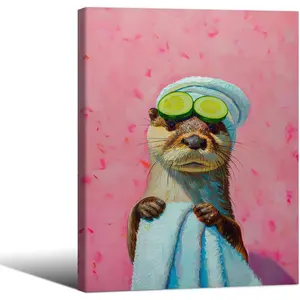Dopamine decorJefuzh Vibrant Pink Sea Otter Posters Cute Animal Painting Wall Art 08X10 inch Frame Trendy Abstract Oil Painting Print for Dopamine Bathroom Decor Black Ornaments Decoration Artistic Photo