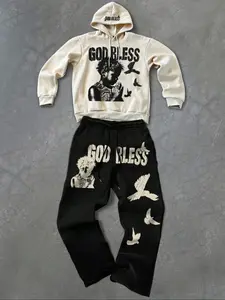 "God Bless" Graphic Fitted Knit Hoodie and Track Pants Set, Trendy Streetwear, TikTok - Viral Fashion