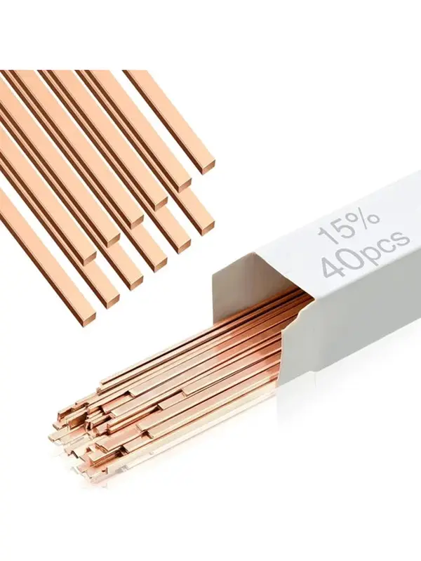 40 PCS 15% Silver Brazing Rods AWS BCuP-5, Low Temp Flat Alloy Welding Rods 0.050"x1/8"x10" for HVAC Copper Brass Repair, Industrial Soldering Accessories