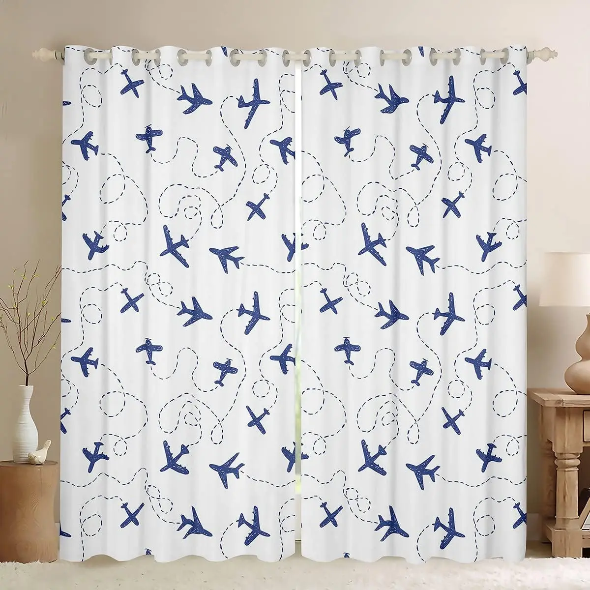 Feelyou Cartoon Airplane Print Blackout Curtains (2 Panels) - 30%-50% Darkening, Blue and White Travel & Room Decor Curtain, Aircraft-Themed Window Treatments for Household Textiles, Privacy Grommet Curtains