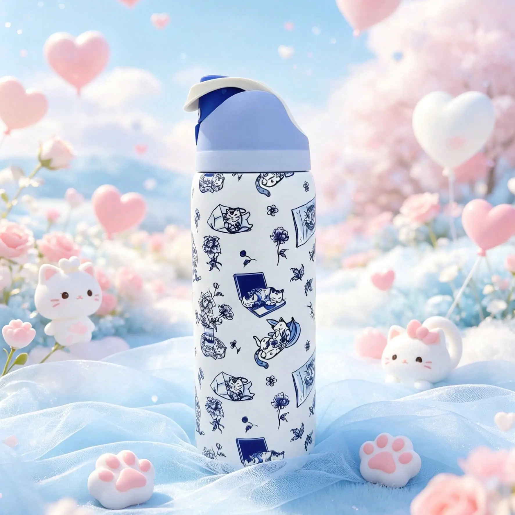 BFCxOwala Blue Cat Insulated Stainless Steel Water Bottle With Straw 32 Oz Leakproof Reusable Travel Hydration Bottle For Gym School Office Everyday