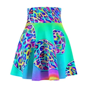 Skater Skirt, 90s Pastel Rainbow Leopard Print, Women's Clothing, Circle Mini Skirt, Retro Fashion, A-Line Flare Skirt