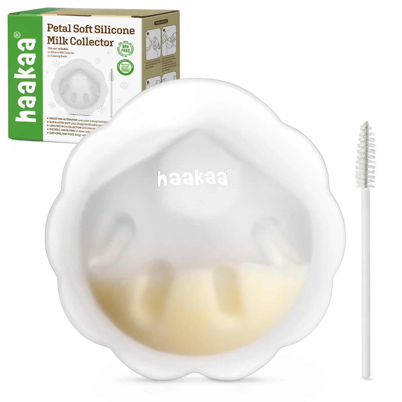 haakaa Petal Soft Silicone Milk Collector, Discreet Milk Catcher, Leak-Protection Breast Milk Saver, Reusable Breast Shells Milk Collection Cup for Breastfeeding with Cleaning Brush
