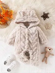 Girls' Solid Color Plush Hooded Jumpsuit, Warm Fall, Soft Fabric, Comfortable Fit, Ideal for Autumn Weather, Hooded Fleece Onesie