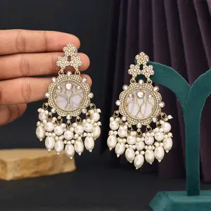 Kundan Mother of Pearl Statement Earrings with Colorful Beads, Decorative Elements, and Gold-tone Finish