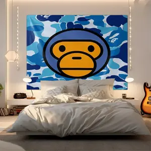 BAPE Baby Milo Blue Camo Large Head Tapestry, Blue-White Camouflage with Large Cartoon Monkey Image, Fresh Fasion Cool Bedroom Decor, Fan Gift, Student Dorm DIY Background Cloth, Lightweight Easy to Hang, Wall Hanging Tapestry, Funny Tapestry