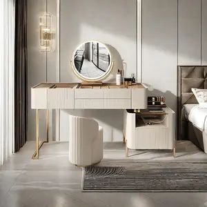 Modern Vanity Desk with 4 Drawers,LED smart makeup mirror,Makeup Vanity Table,Glass Top Make Up Dresser Desk,White Gold Vanities,Mirrorand Lights,Makeup Vanity Table Set with chair,Dressing Table for Women Girls