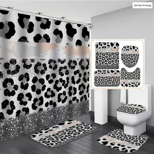 1/3/4PCS Leopard with Black and White Elements Shower Curtain Set with Rugs, Non Slip Bath Mat, U-Shape Carpet, Toilet Lid Cover, Polyester Fabric Bathtub Curtain Accessories, 12 Hooks, Home Bathroom Festival Decor, Shower Essentials