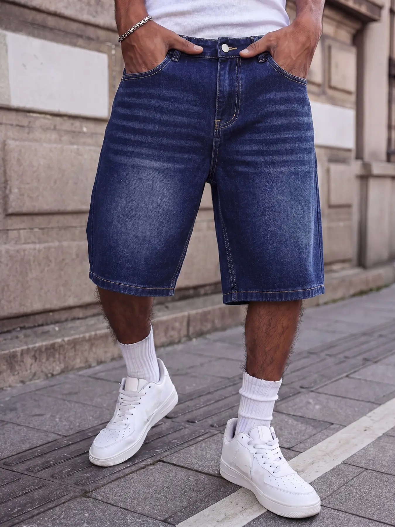 Men's Dark Blue Washed Denim Shorts, S Fits W32, Tag Size S-W32 to XXL-W40, Non-Stretch Classic Streetwear Y2K Casual Five-Point Jeans, Menswear