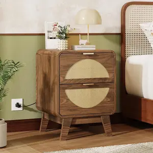 Vabches Rattan Nightstand with Charging Station, Mid Century Modern Bedside Table with 2 Drawers, Boho End Table with Storage for Bedroom, Walnut