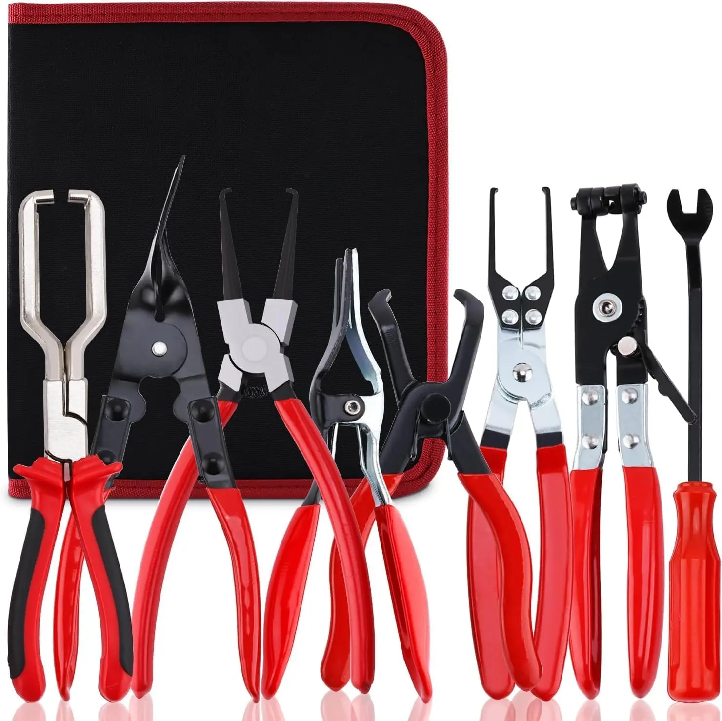 8Pcs Fuel Line Disconnect Plier Set, Fuel Line Hose Clamp Removal Pliers, Electrical Disconnect, Push Pin Tools, Relay Puller, Panel Clip Remover & Filter Caliper, 30 Degree Push Pin Remover Tool, 9” Fuel Filter Caliper