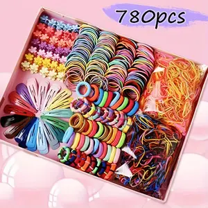 780PCS Girls Hair Accessories, Elastic Hair Ties, Simple Hairpins, Ponytail Holders Rubber Hair Bands, For Birthday (Halloween, Christmas, Thanksgiving Gift Hello Kitty Hair Brush and Clip Set