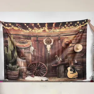 Western Cowboy Party Background Banner, Rural Cabin & Farmhouse Design Backdrop, Photography Background for Wall Garden Home Decoration, Ornaments