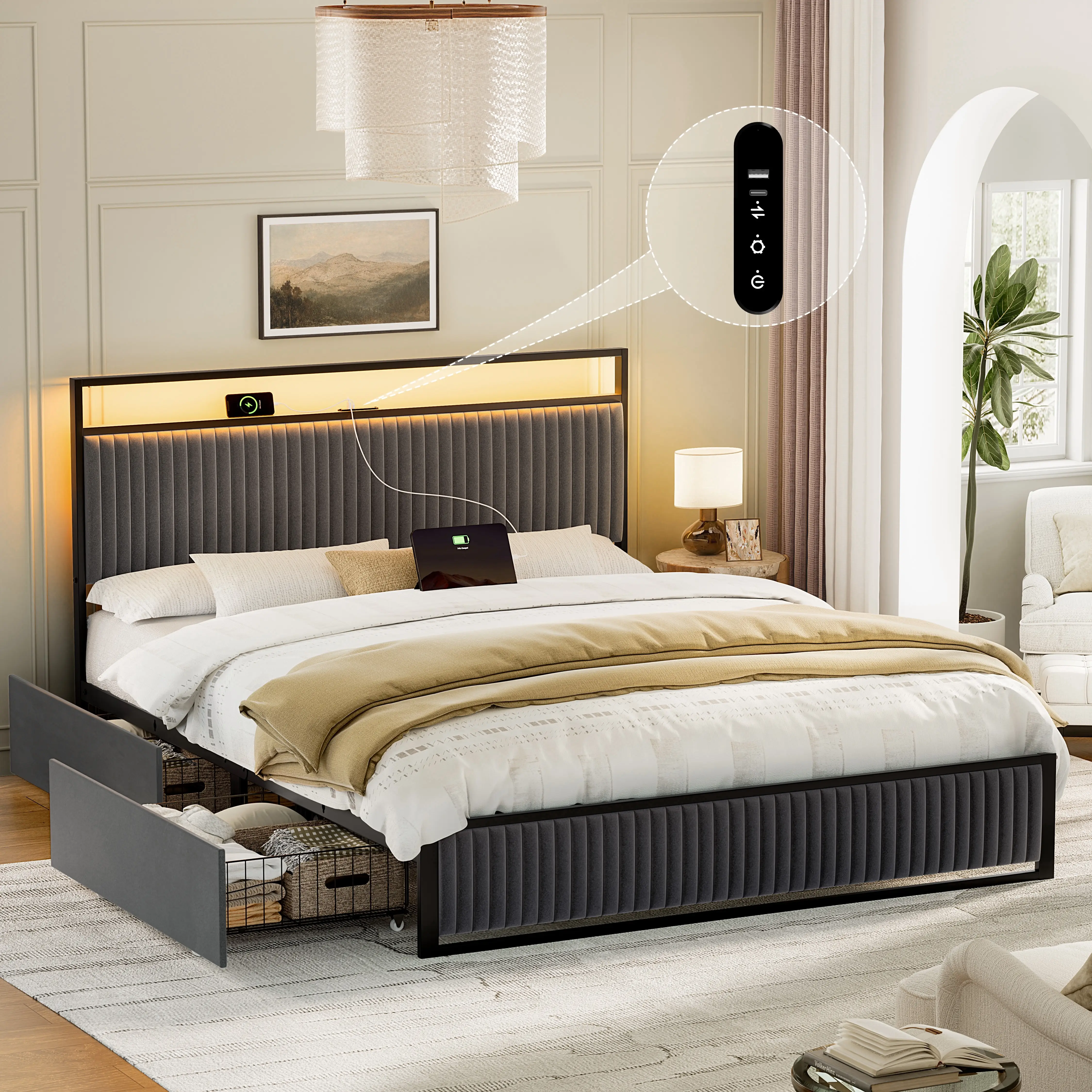 Modern Bed Frame with Headboard & Storage 2 Drawers Upholstered Velvet Platform Queen Size with RGB LED & Charging Station Furniture