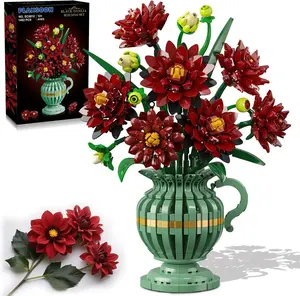 Dahlia Flowers Building Set with Vase, Flower Bouquet Botanical Collection Building Block Toy, 1482 PCS Gothic Artificial Plant Bonsai Kit Home Decor Gift for Her Adults Kids Girls 12+