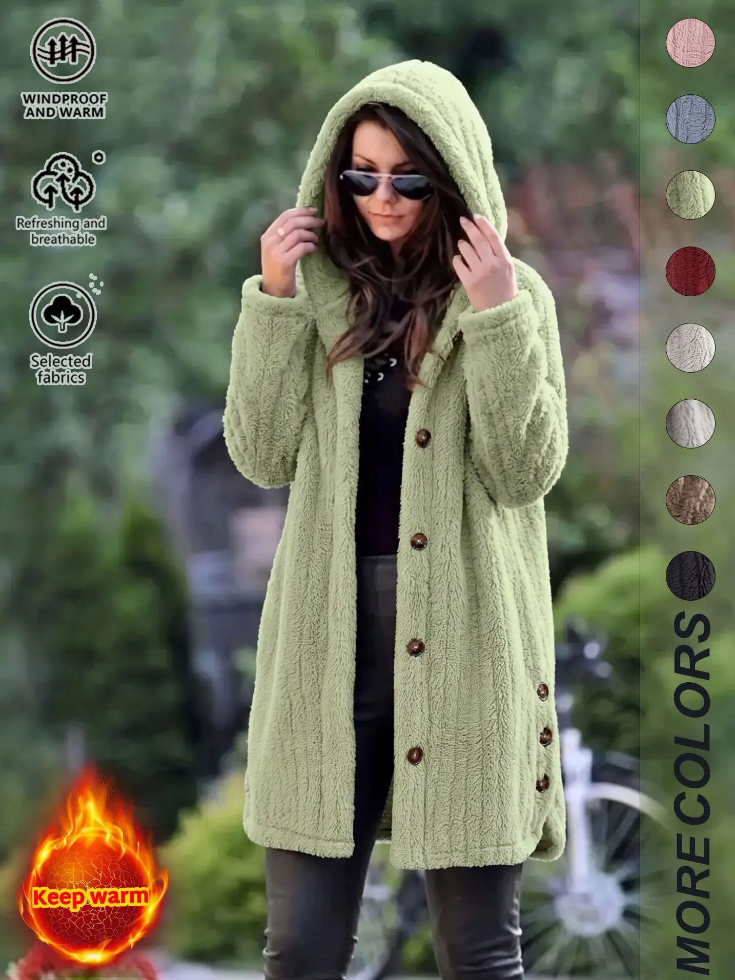 Women’s solid-color thick plush hooded jacket, casual fashionable long-sleeve knit outerwear suitable for everyday wear; women’s winter clothing, elegant warm stylish trench coat, insulated solid-color winter jacket, comfortable outerwear, new autumn arri