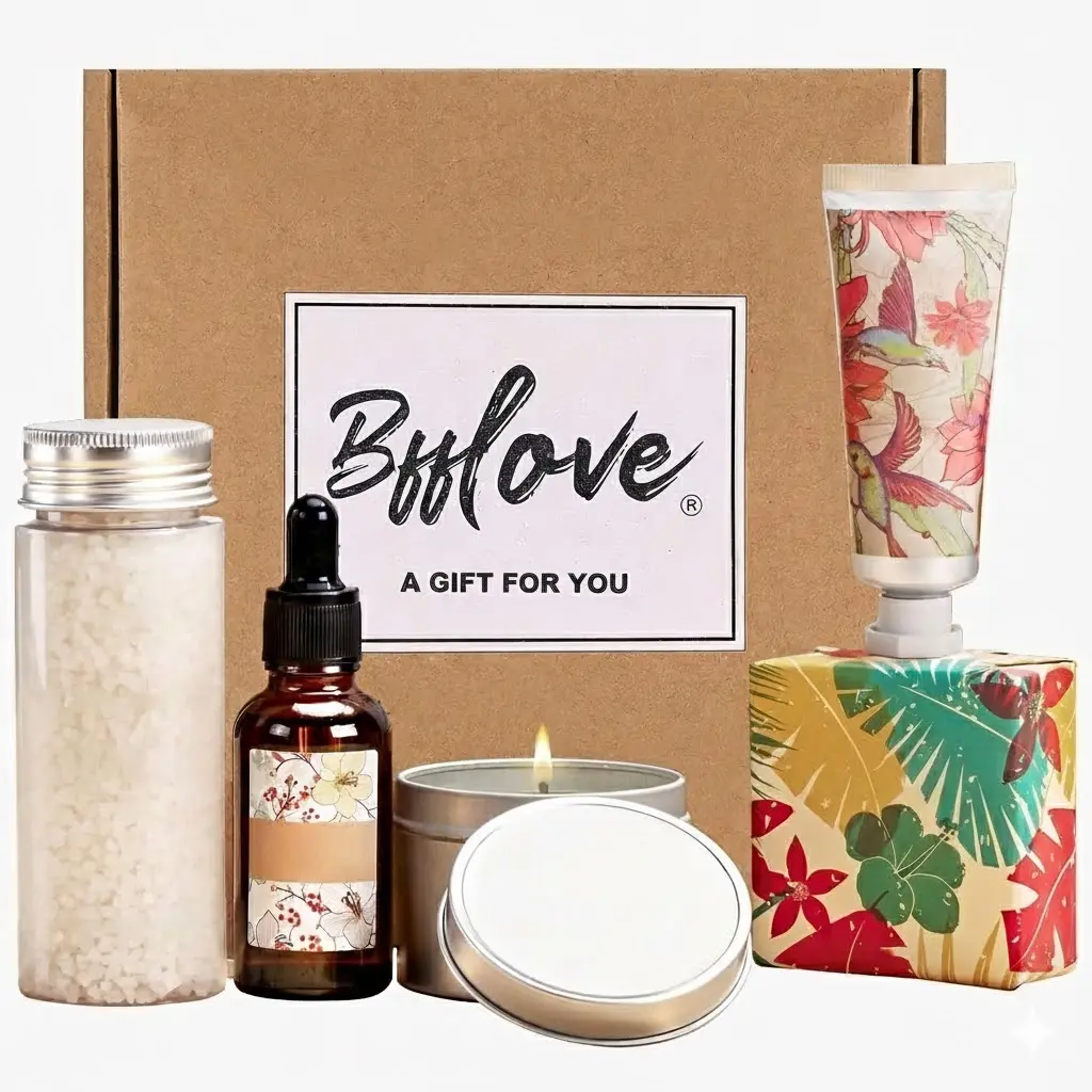 Cherry Blossom Spa Gift Set 5pcs - Relaxing Bath Box with Massage Oil Scented Candle Bath Salts & Hand Cream Perfect Christmas Gift for Women