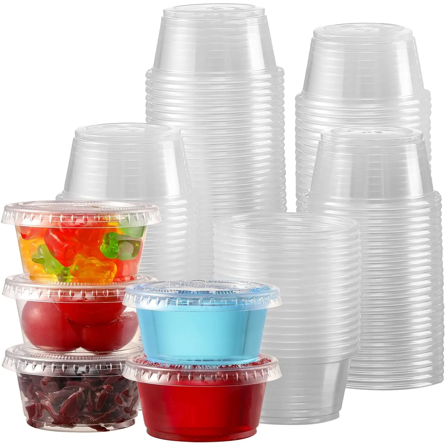 2 oz Plastic Portion Cups Leakproof Stackable Disposable Containers for Jello Shots, Salad Dressing, Condiments, Samples, Takeout, Parties - Food Grade PP with PET Lids, 130 Count Bulk Pack