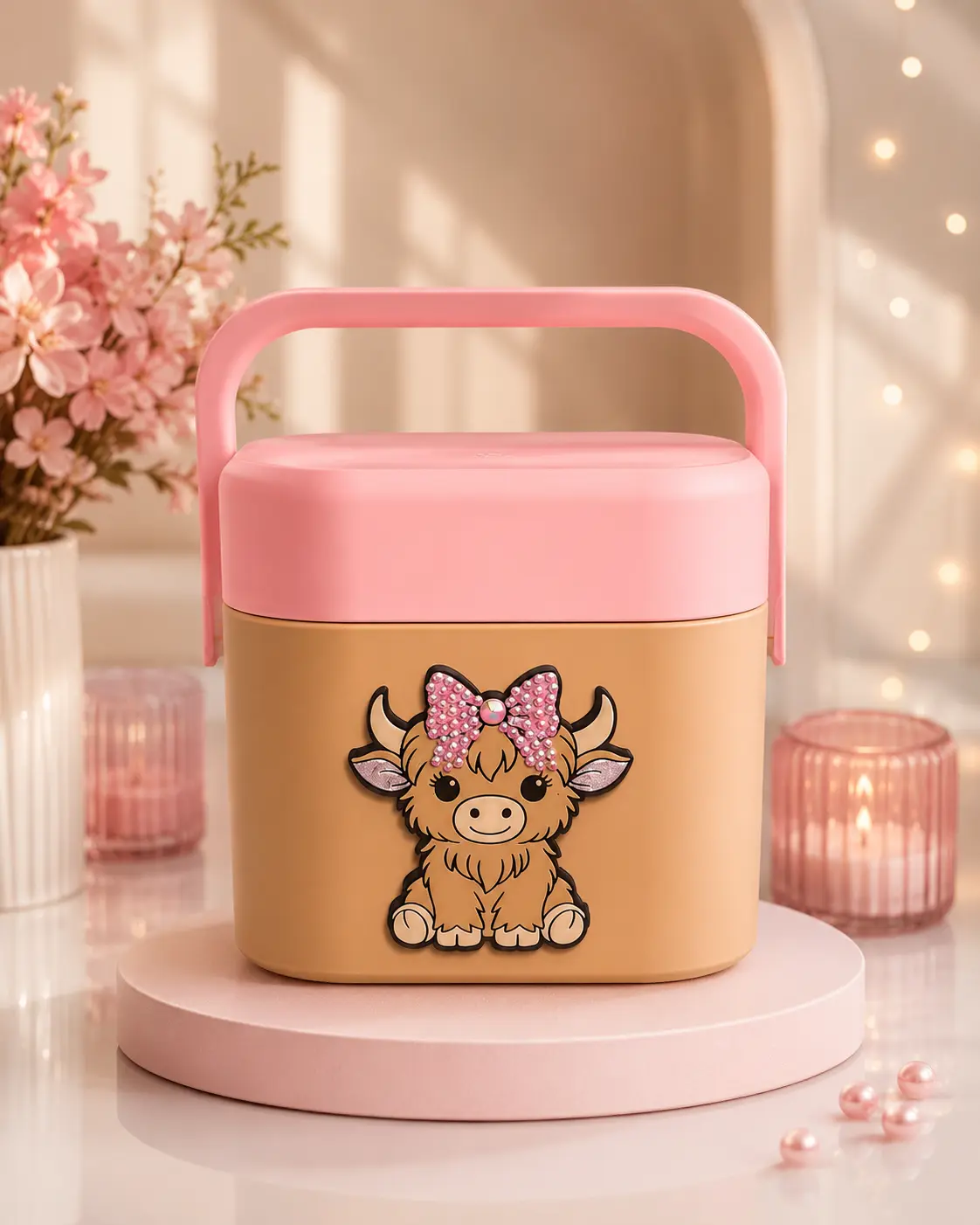PINK Cow  Mini Cooler  - Matte Beige, Glossy Pink, 3D Printed Kitchen Drinkware Accessory