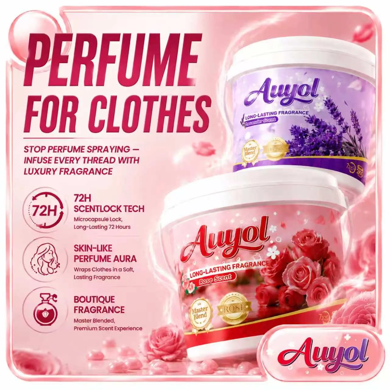 Auyol 70.55 oz In-Wash Scent Booster, Romantic French Rose, Extra Lingering Fragrance Laundry Beads, Hypoallergenic & Sensitive Skin Safe, 2.5L/1.8KG household itemsodour,  odour control, long-lasting formula, crystals