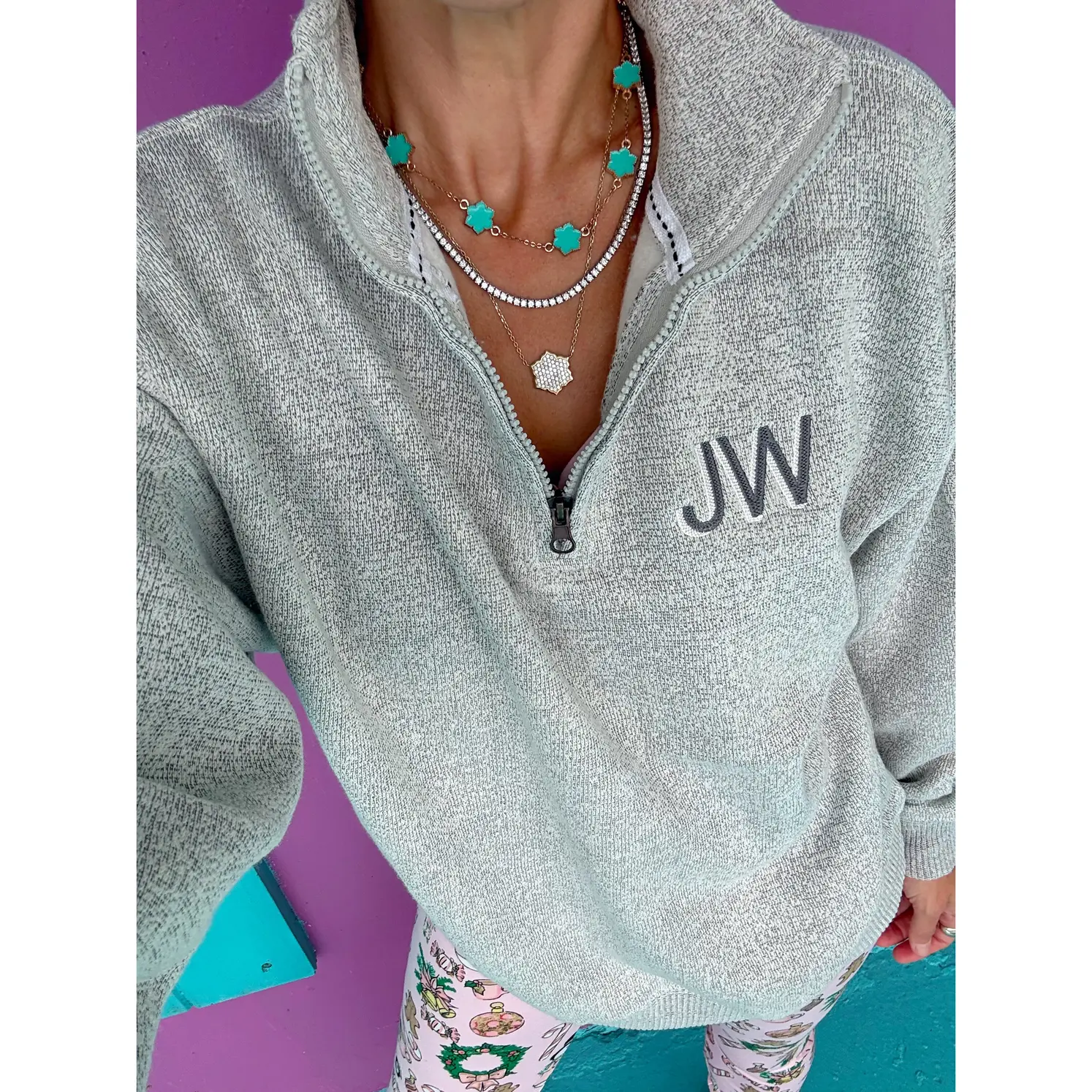 Charcoal Gray Embroidered Quarter Zip Pullover