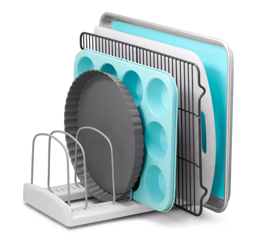 Bakeware Rack, Non-Slip Multi-Compartment Kitchen Organizer, Vertical Sheet Pan & Baking Tray Storage Holder for Cabinet Pantry Countertop
