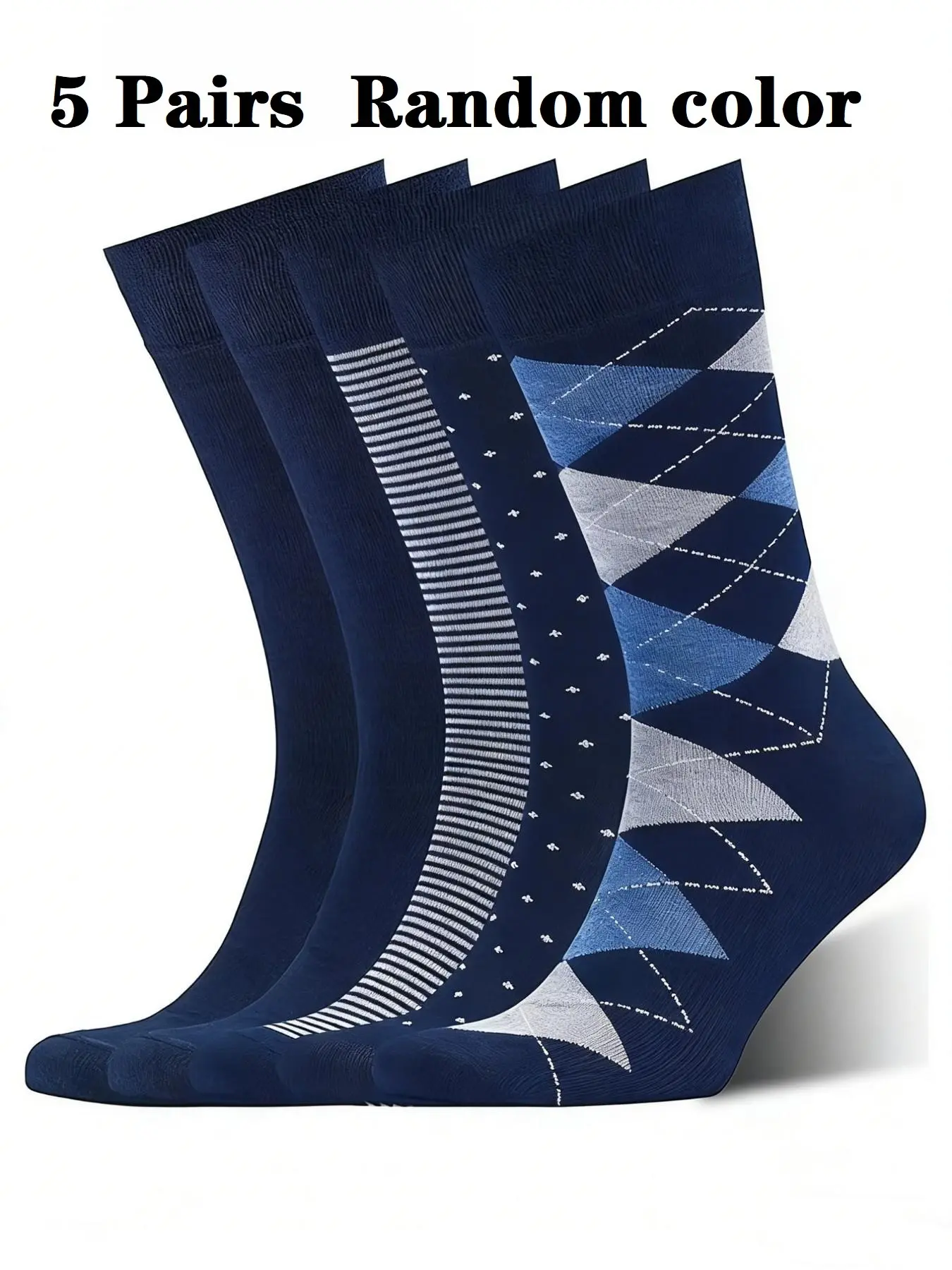 5 Pairs Spring Fall Deep Blue Unique Geometric Pattern Mid-Calf Socks, Business Commute Daily Versatile Comfortable Socks, All Seasons Wear