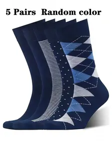 5 Pairs Spring Fall Deep Blue Geometric Pattern Mid-Calf Socks, Business Commute Daily Versatile Comfortable Socks, All Seasons Wear