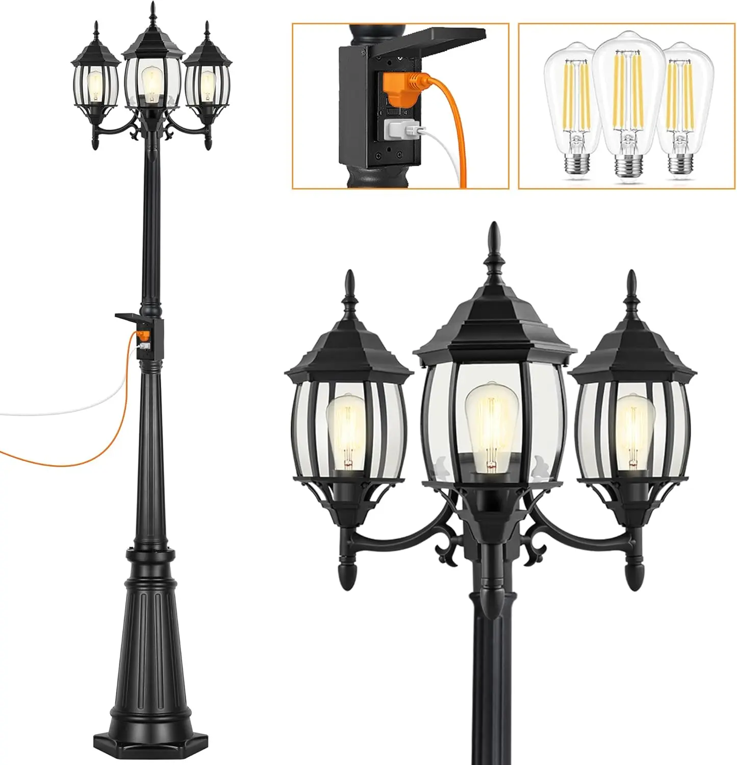 Outdoor Lamp Post Light with GFCI Outlet, 3-Head Classic Black Light Pole with Glass Panels (3 LED Bulbs Included), Aluminum Waterproof Outside Street Light for Backyard Garden Driveway