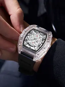 Transparent Hollow-Out Men's Watch, Square Frame, Analog Barrel Face, Comfortable Fit, Street Style, Mechanical Aesthetic, All Seasons, Quartz Watch