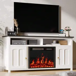 58" Fireplace TV Stand With 23" Electric Fireplace Up To 65" TVs, 29" Tall Farmhouse Wood Entertainment Center With Open Storage Shelves And Cabinets TV Console For Living Room USB LED Stress ,   5V