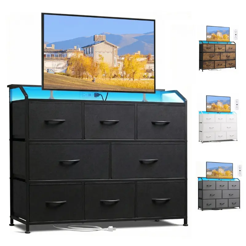 Led Dresser for Bedroom, Black Dresser TV Stand for 45, 50, 55 inch TV, Entertainment Center with LED Lights & Charging Station, Chest of drawers with 9 Fabric Drawers and Open Shelves for Living Room, Hallway, Wood Top  LED lights