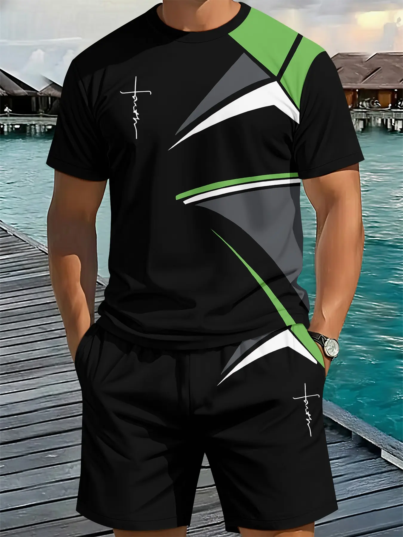 Men's 3D digital printed Round Neck two-piece set with black and green geometric line splicing, Striped, 2Pcs, Fitted, vacation-style outfit, breathable sporty and casual style, a perfect holiday gift for men, Top
