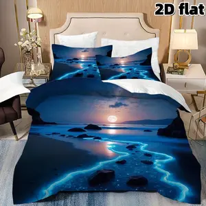 2D Flat 3Pcs Coastal Beach Duvet Cover with Bioluminescent Ocean Moonlight - Glowing Blue Sea Water Bedding for Bedroom - Nature Landscape Comforter Cover (1 Duvet Cover + 2 Pillowcases, No Filling) Bedspread for All Season Decoration Bedroom Bedding Set