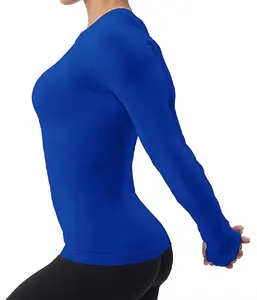 Women's Fitted Thumb Hole Sleeves Breathable Soft Stretch Lightweight Moisture-Wick Workout Long Sleeve Nylon Activewear Shirt Top