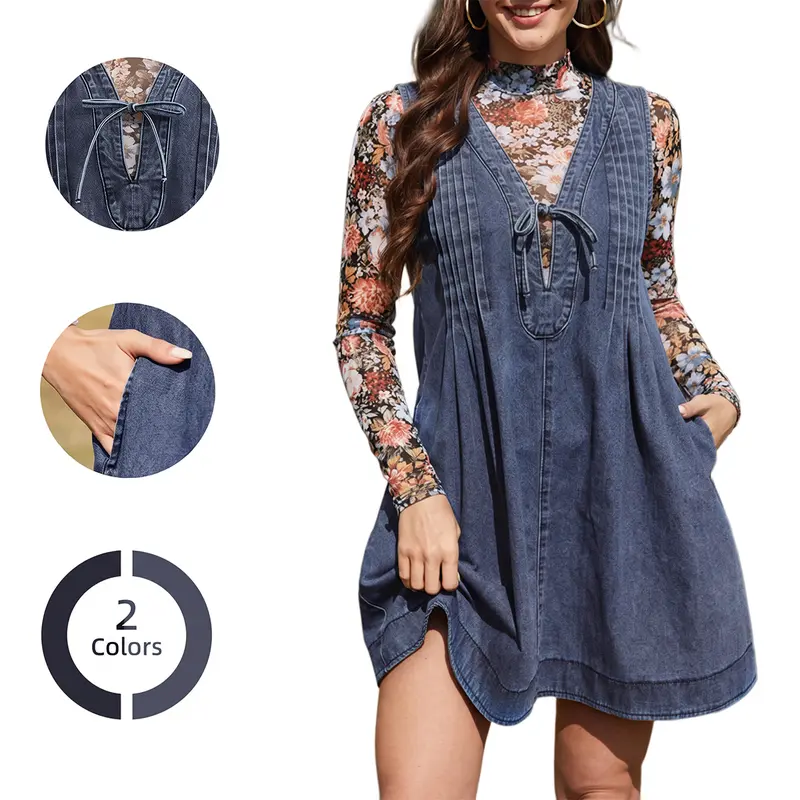 Chicovar Women's V Neck Denim Dress Sleeveless Tie Front Pleated Mini Dress Loose Fit Casual Jean Babydoll Dress with Pockets, Summervibes
