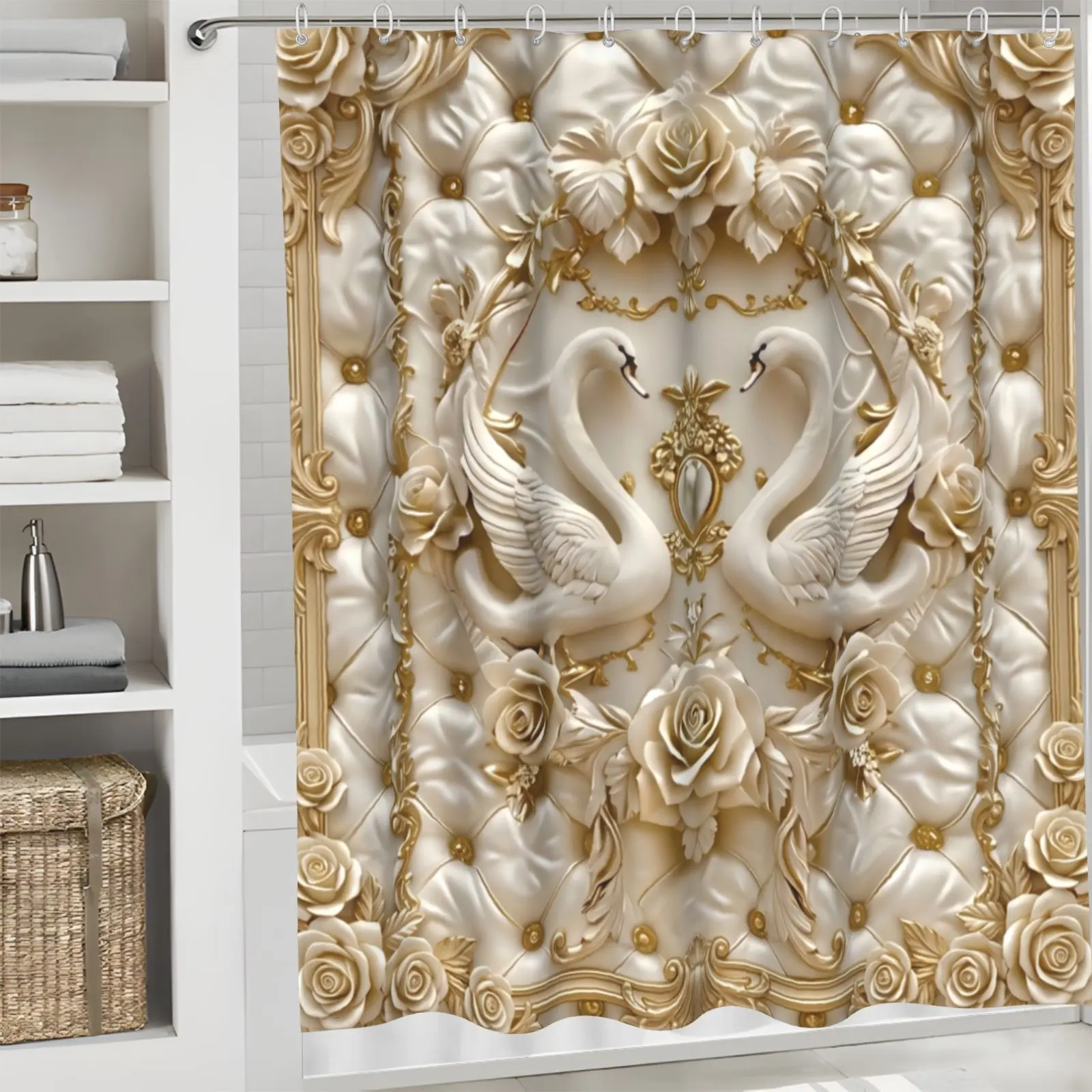 Light luxury embossed white swan rose shower curtain set, waterproof shower curtain with 12 hooks, non-slip bathroom carpet, toilet U-shaped cushion, toilet seat cover cushion, bathroom decoration, bathroom shower curtain set, perfect gift