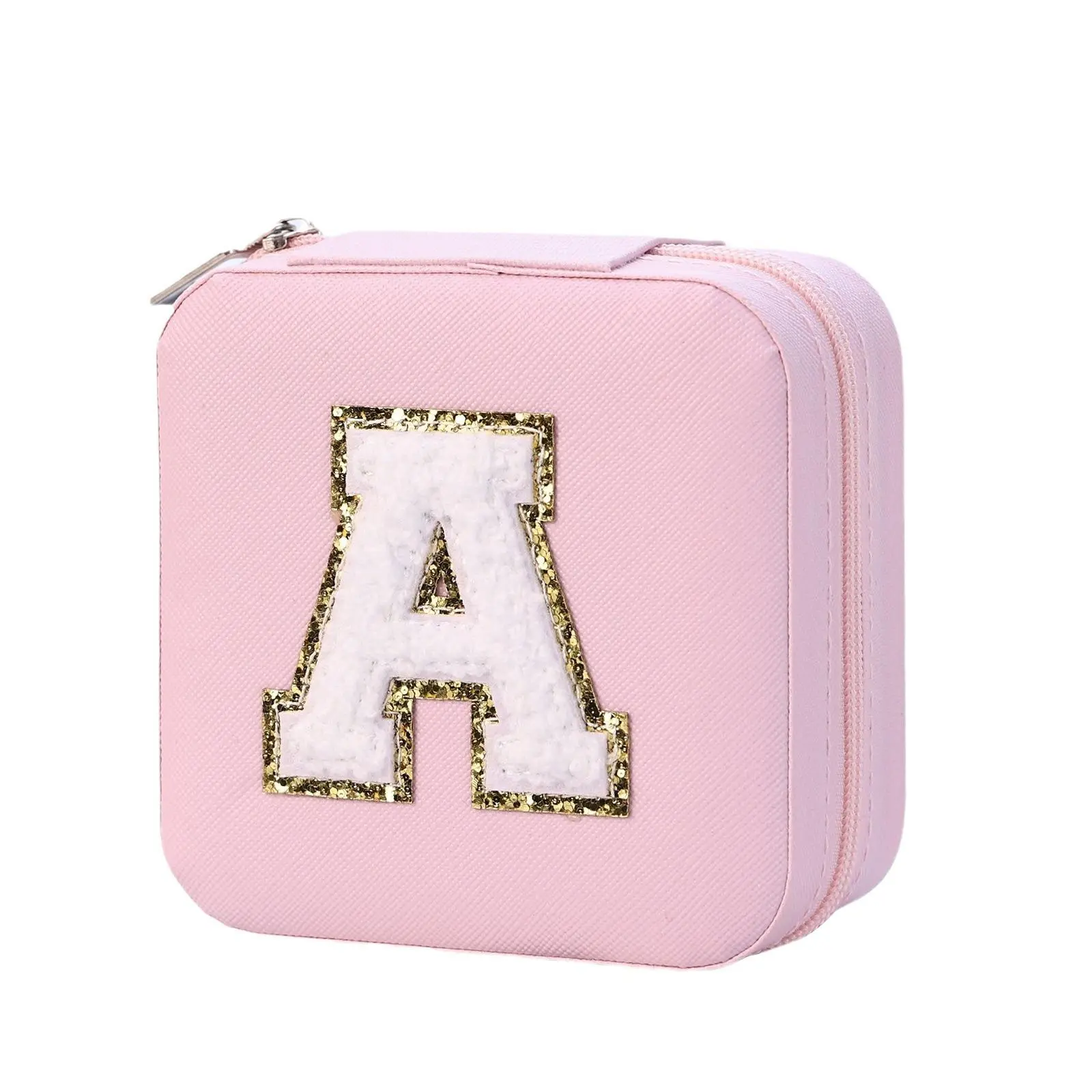 Mini Square Travel Jewelry Case, Portable Pink PU Makeup Bag with Glitter Trim Letter Design, Zipper Storage Pouch, Travel Jewelry Organizer for Lipsticks, Earrings and Rings/jewelry  travel  case