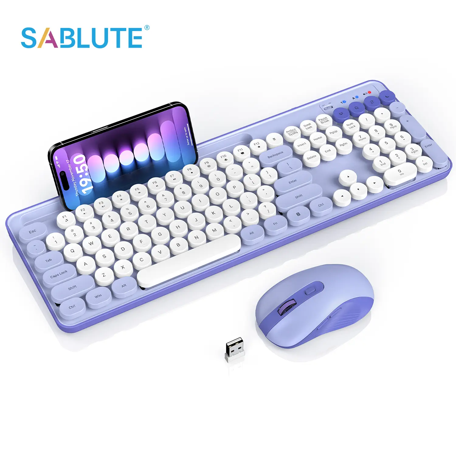 SABLUTE KC281 Wireless Keyboard and Mouse Combo(Not Bluetooth), Retro Round Keycap Typewriter Keyboard with Phone/Tablet Holder, Cute Colorful