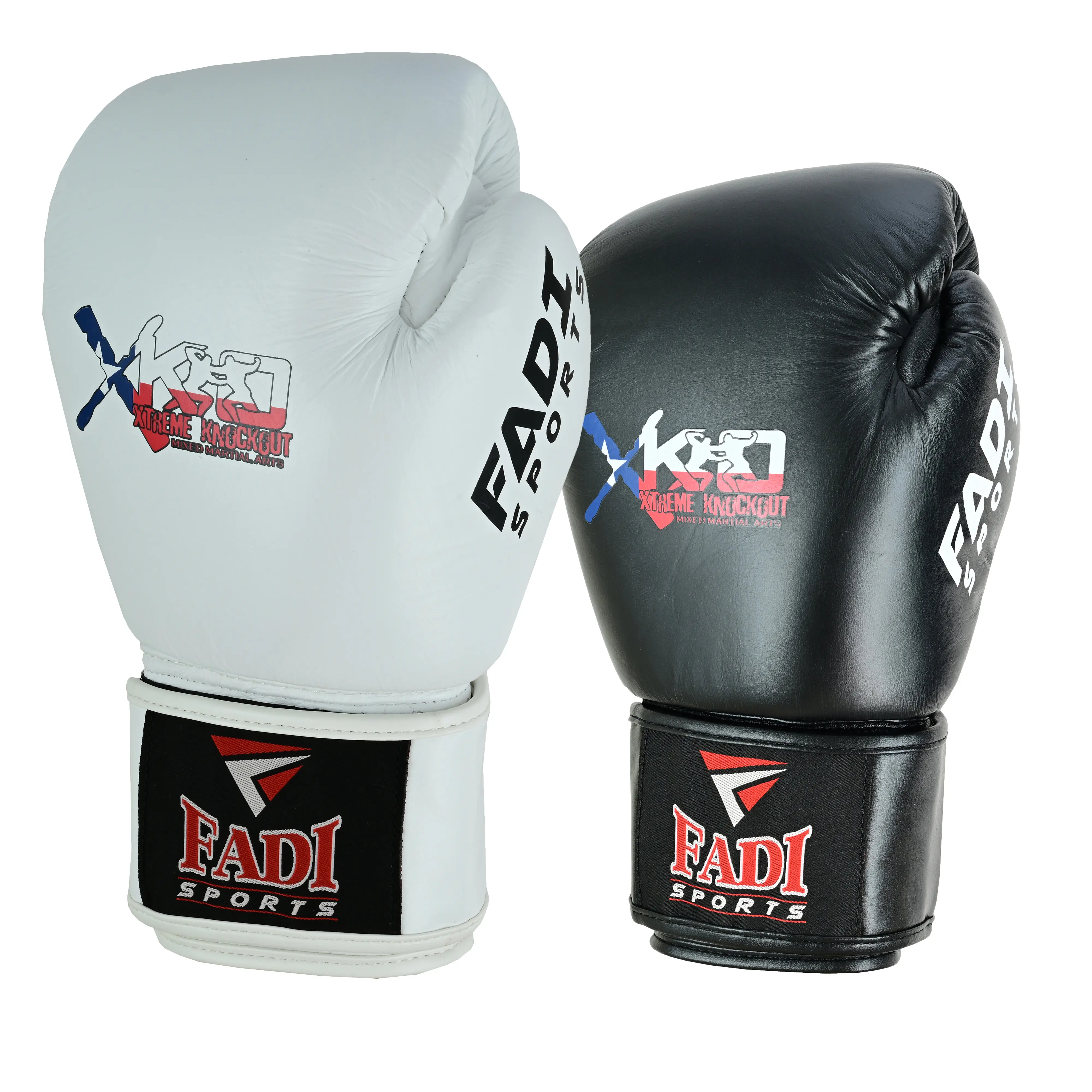 FADI SPORTS Xtreme Knockout Muay Thai Boxing Gloves Genuine Leather Black & White 12-Inch Size for Enthusiasts