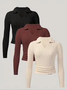 Women's Fall Winter Plain Slim Fit Long Sleeve Knitwear Set, Elegant Casual Daily Wear, Perfect for Layering & Stylish Tops