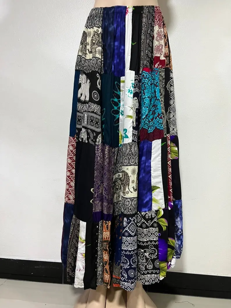 Beautiful Patchwork Ruffle Skirt Long Boho Colorful Unique Gypsy Tiered Maxi Full Assorted Color