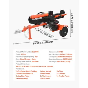 VEVOR 30 Tons Log Splitter, 306CC Engine, Powered Wood Splitter with 2 Ball Coupler, Auto Return, Vertical Horizontal Mode, Firewood Splitting Wedge Machine for Forestry Harvest
