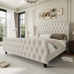 51" Tall Queen Size Bed Frame with Deep Button Tufted Wingback Headboard and Footboard, Velvet Upholstered Platform Bed Frame, Cream