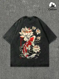 Japanese Koi Fish Lotus Washed T-Shirt Men Vintage Streetwear Harajuku Cotton Oversized Tees Y2K Aesthetic Retro Black Graphic Tee for Men Women Street Style Casual Tops, Japanese Koi Fish Lotus Oversized T-Shirt Men Vintage Washed Black Cotton