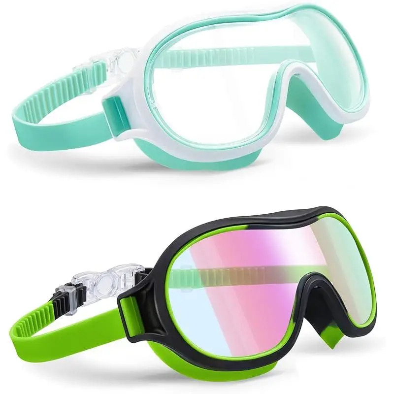 2 Pack Swim Goggles for Kids Ages 3-15 Anti-Fog Anti-UV Wide Vision Waterproof No Leak Swimming Goggles for Boys and Girls
