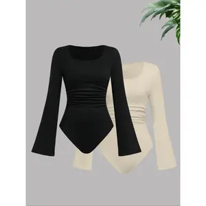 Women’s solid long-sleeve bodysuit, casual fashion cozy bodysuit for daily outdoor wear, women’s clothing for fall and winter