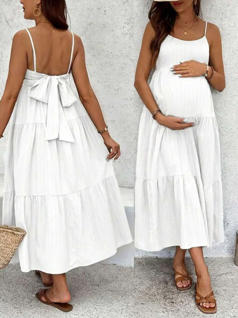 MaterniRIO Maternity Solid Color Bowknot Decor Cami Dress