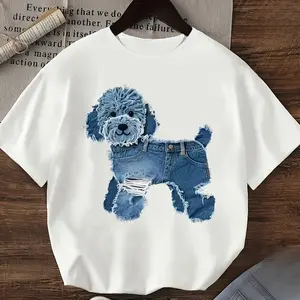 Denim Style Dog Graphic Cotton T-Shirt for Girls, Valentine's Day Gift for Kids, Cute Oversized Comfort Fashion Summer Outfit